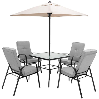 Soft padded cushions, curved backrests and ergonomic armrests provide comfortable outdoor seating