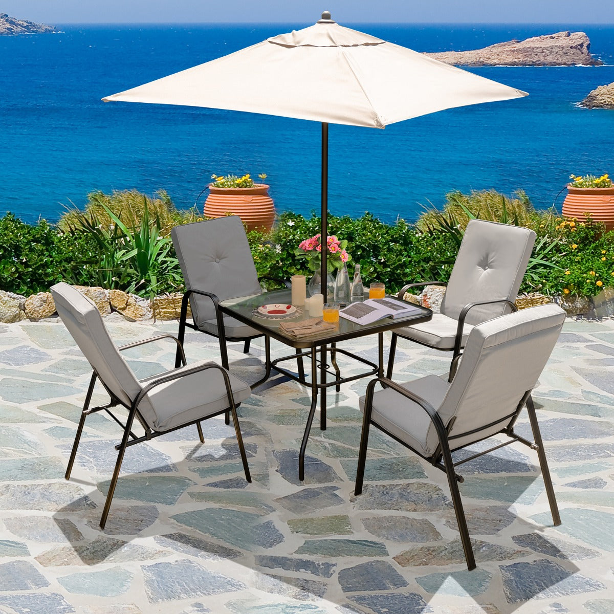 Costway 6 Pieces Patio Dining Set with Umbrella & Stackable Chairs