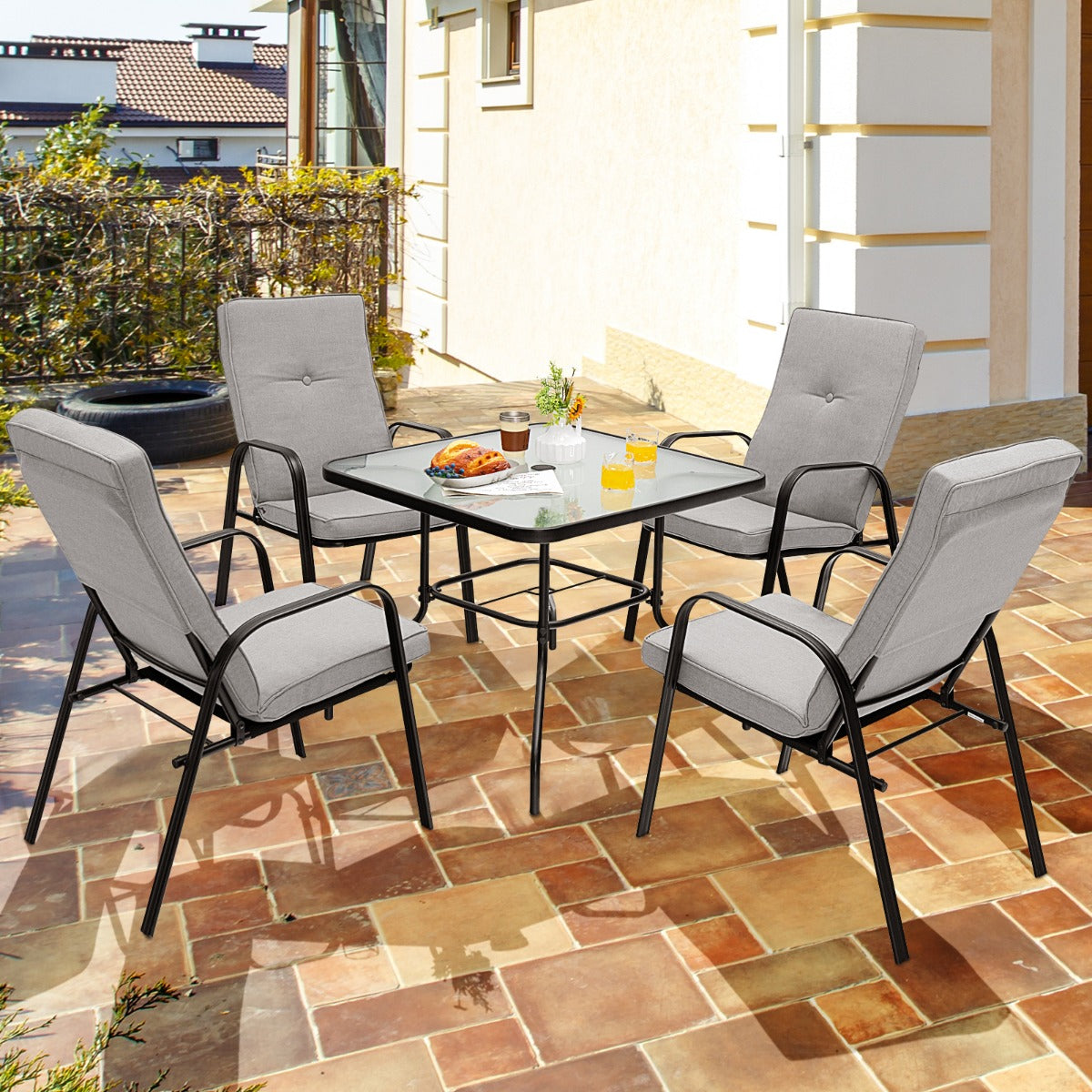 Costway 6 Pieces Patio Dining Set with Umbrella & Stackable Chairs