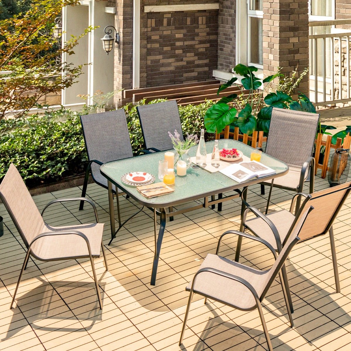 Costway 7 Piece Patio Dining Set with 6 Stackable Chairs & Rectangular Table