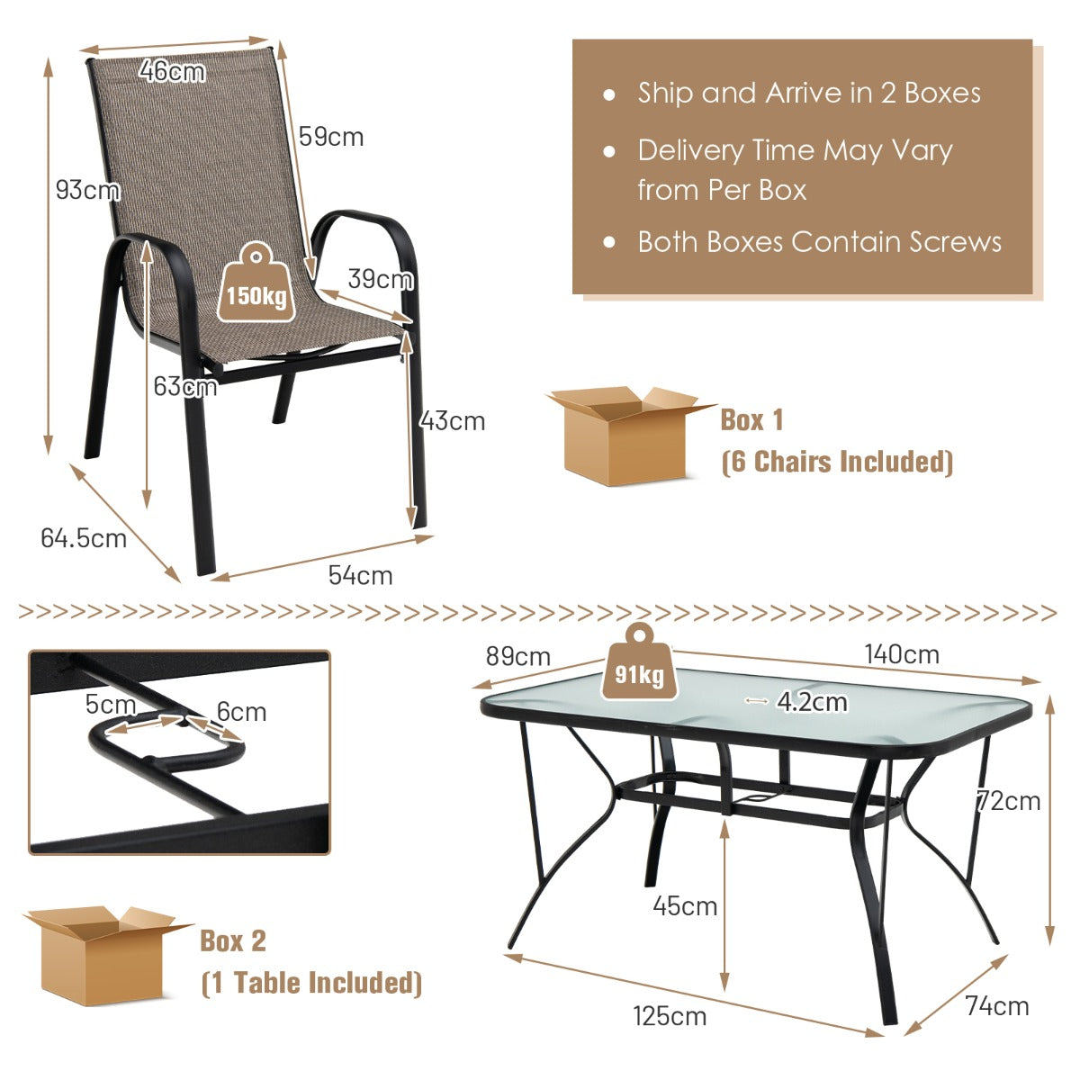 Seven-piece outdoor patio dining set with tempered glass table and six comfortable armchairs