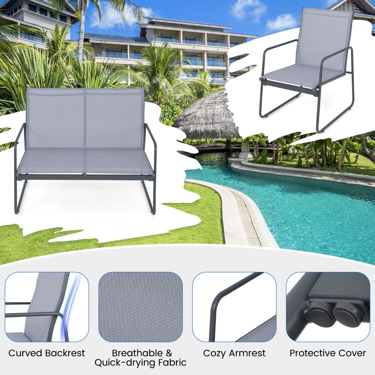 Quick-drying breathable fabric keeps the chairs and loveseat comfortable after outdoor moisture