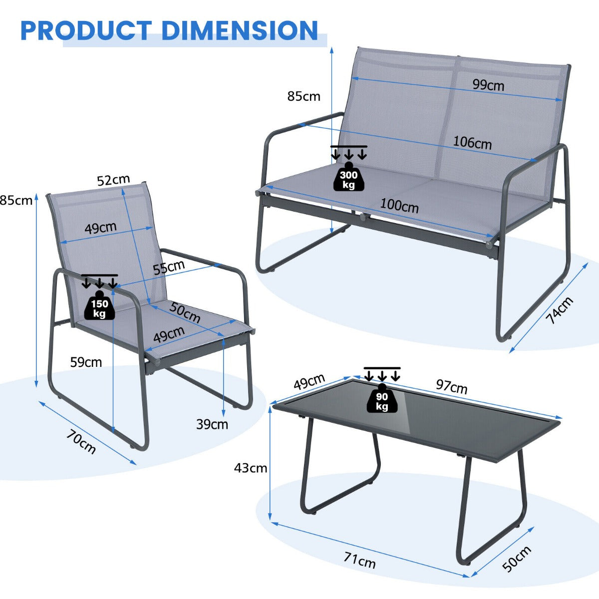 Four-piece outdoor garden conversation set includes a loveseat, two chairs, and a coffee table