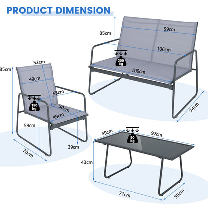 Four-piece outdoor garden conversation set includes a loveseat, two chairs, and a coffee table