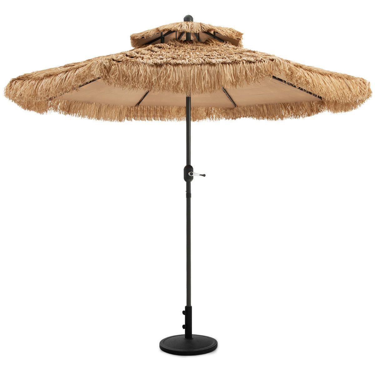 Eight strong metal ribs and a powder-coated steel pole provide stable support for the thatched outdoor canopy
