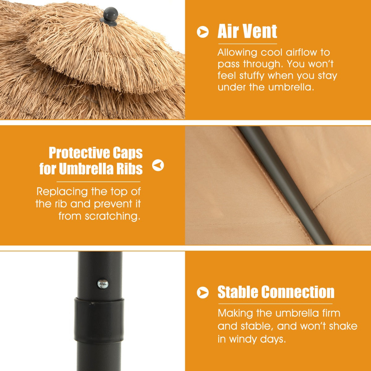 Two-section umbrella pole allows straightforward assembly and convenient setup in outdoor living spaces