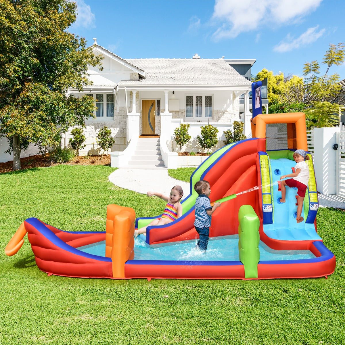 Costway 6-in-1 Inflatable Pirate Ship Bounce House with Long Slide for Kids (with Blower)