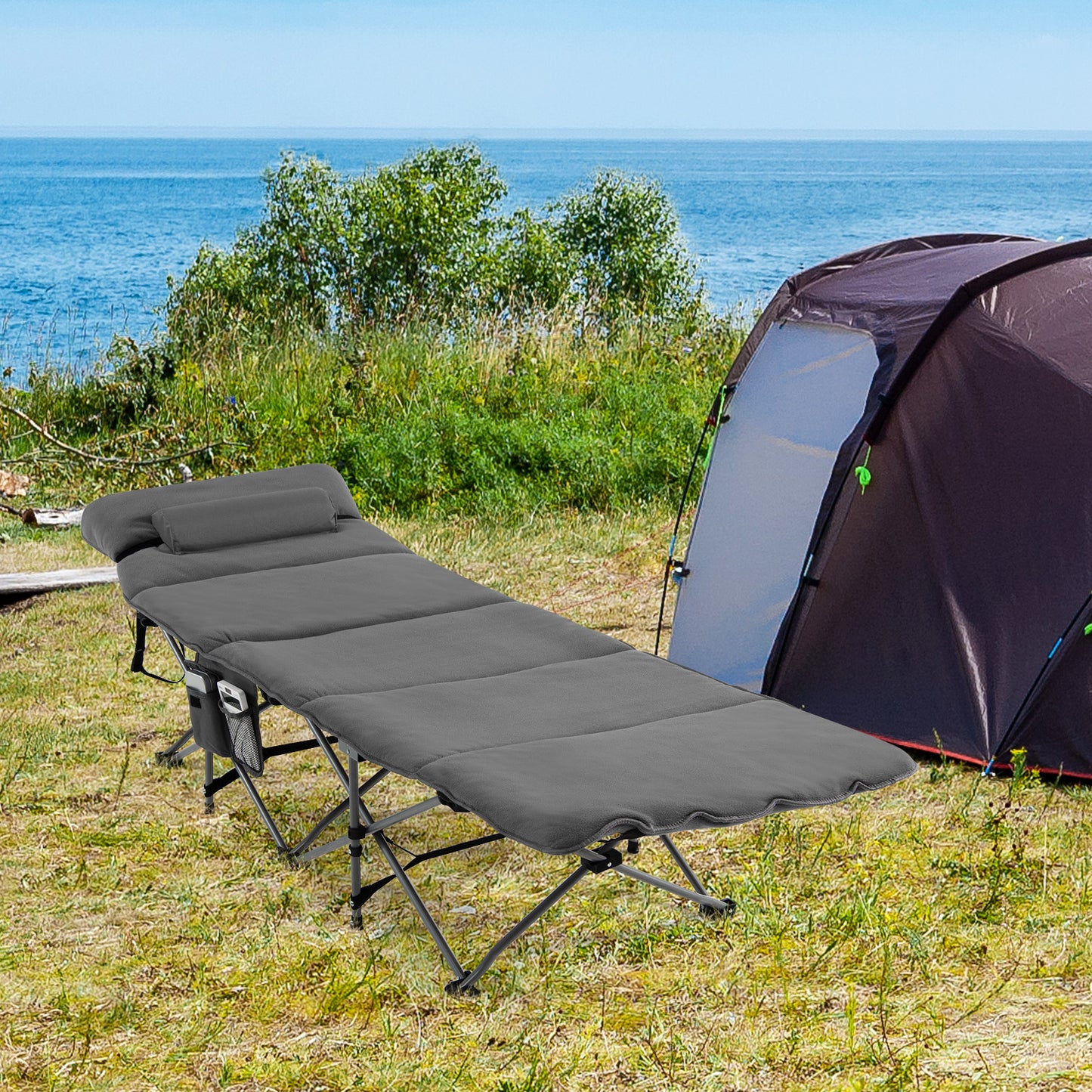 Folding Travel Camping Cot with Carry Bag, Removable Mattress &amp; Pillow-Grey