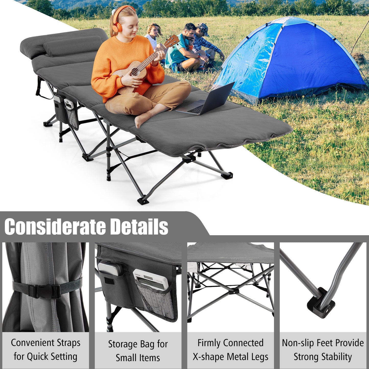 Folding Travel Camping Cot with Carry Bag, Removable Mattress &amp; Pillow-Grey
