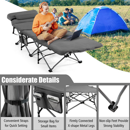 Folding Travel Camping Cot with Carry Bag, Removable Mattress &amp; Pillow-Grey