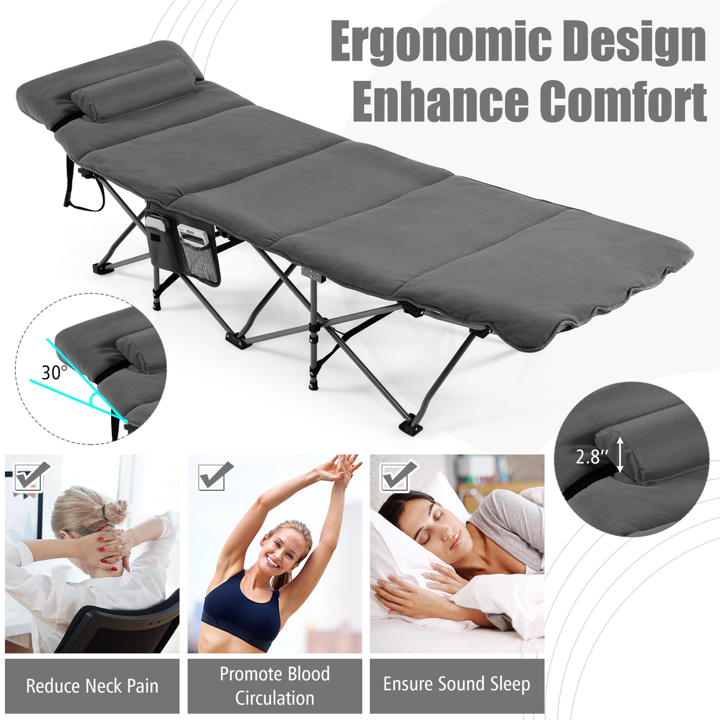 Folding Travel Camping Cot with Carry Bag, Removable Mattress &amp; Pillow-Grey