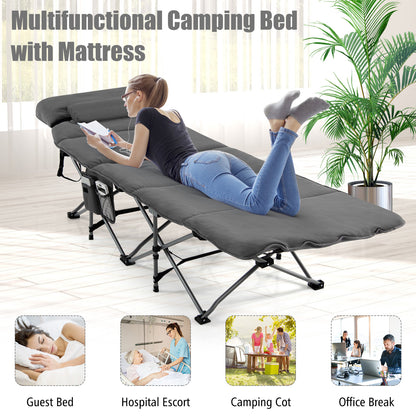 Folding Travel Camping Cot with Carry Bag, Removable Mattress &amp; Pillow-Grey
