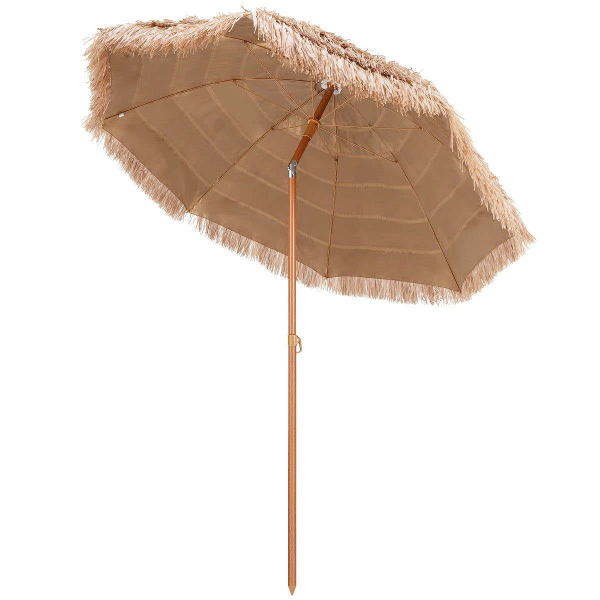 Lightweight tiki beach umbrella separates into two sections for convenient transport and storage