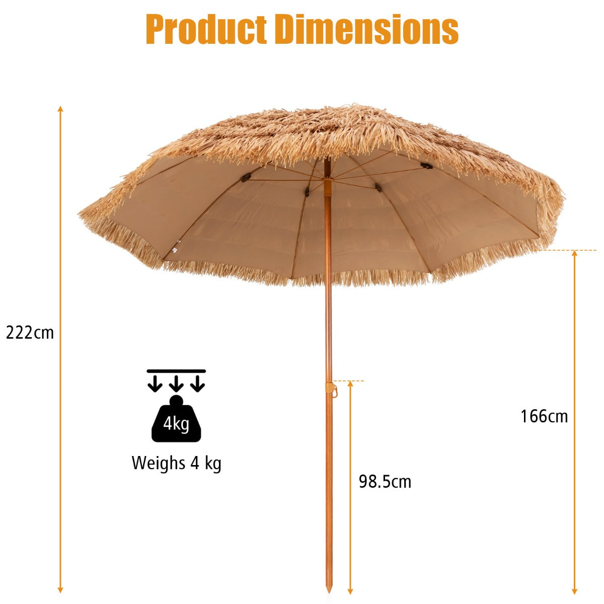 8-foot thatched tiki umbrella with double-layer canopy for tropical shade at the beach or poolside