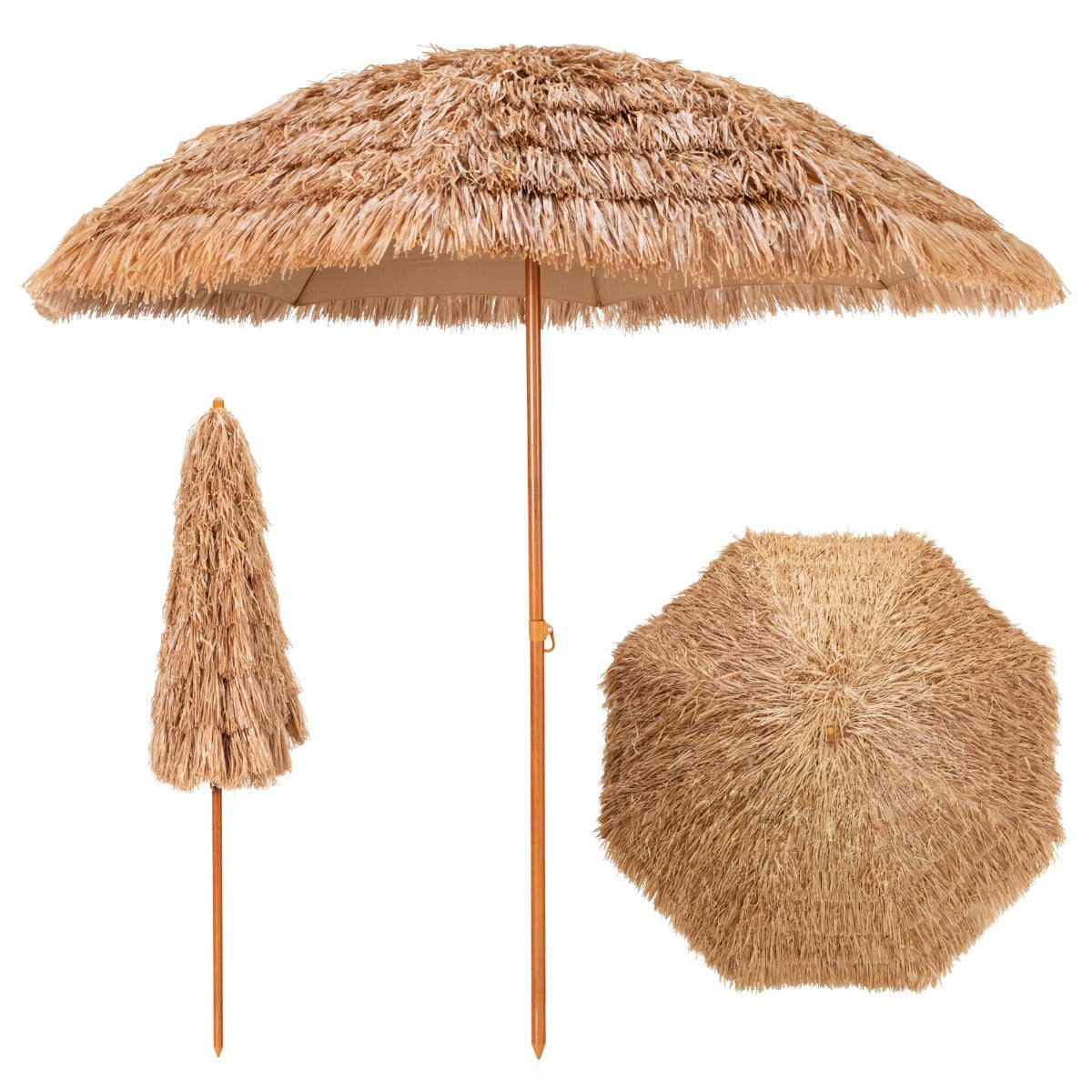 Costway 8 FT Thatched Tiki Umbrella with 8 Metal Ribs & 7-Tier Straw Top