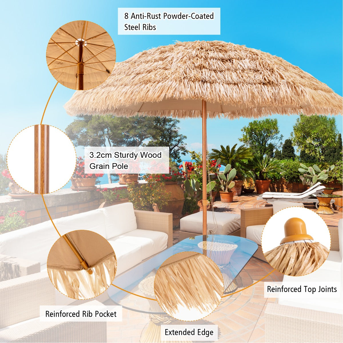 Costway 8 FT Thatched Tiki Umbrella with 8 Metal Ribs & 7-Tier Straw Top