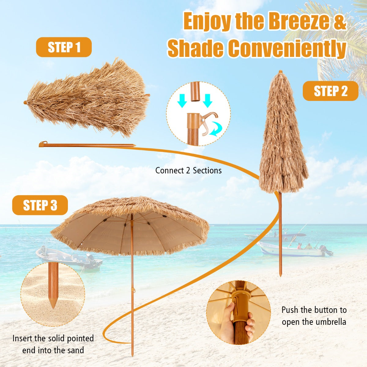 Press-button opening system makes the thatched umbrella easy to open and close in seconds
