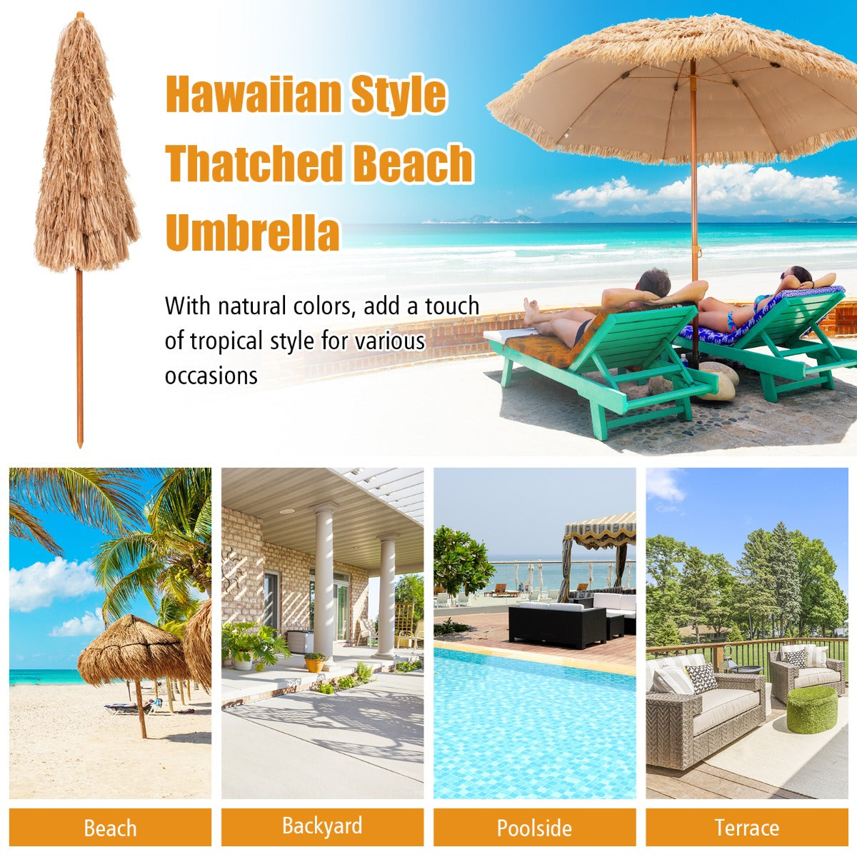 Costway 8 FT Thatched Tiki Umbrella with 8 Metal Ribs & 7-Tier Straw Top