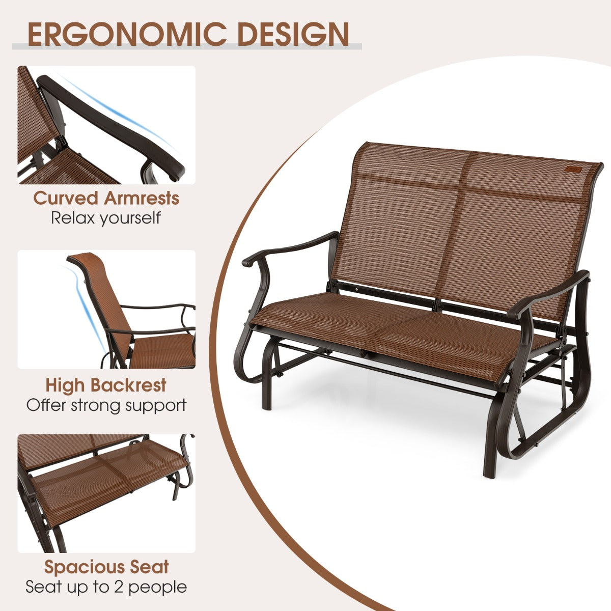 Costway 2-Person Patio Glider Bench with High Back & Curved Armrests