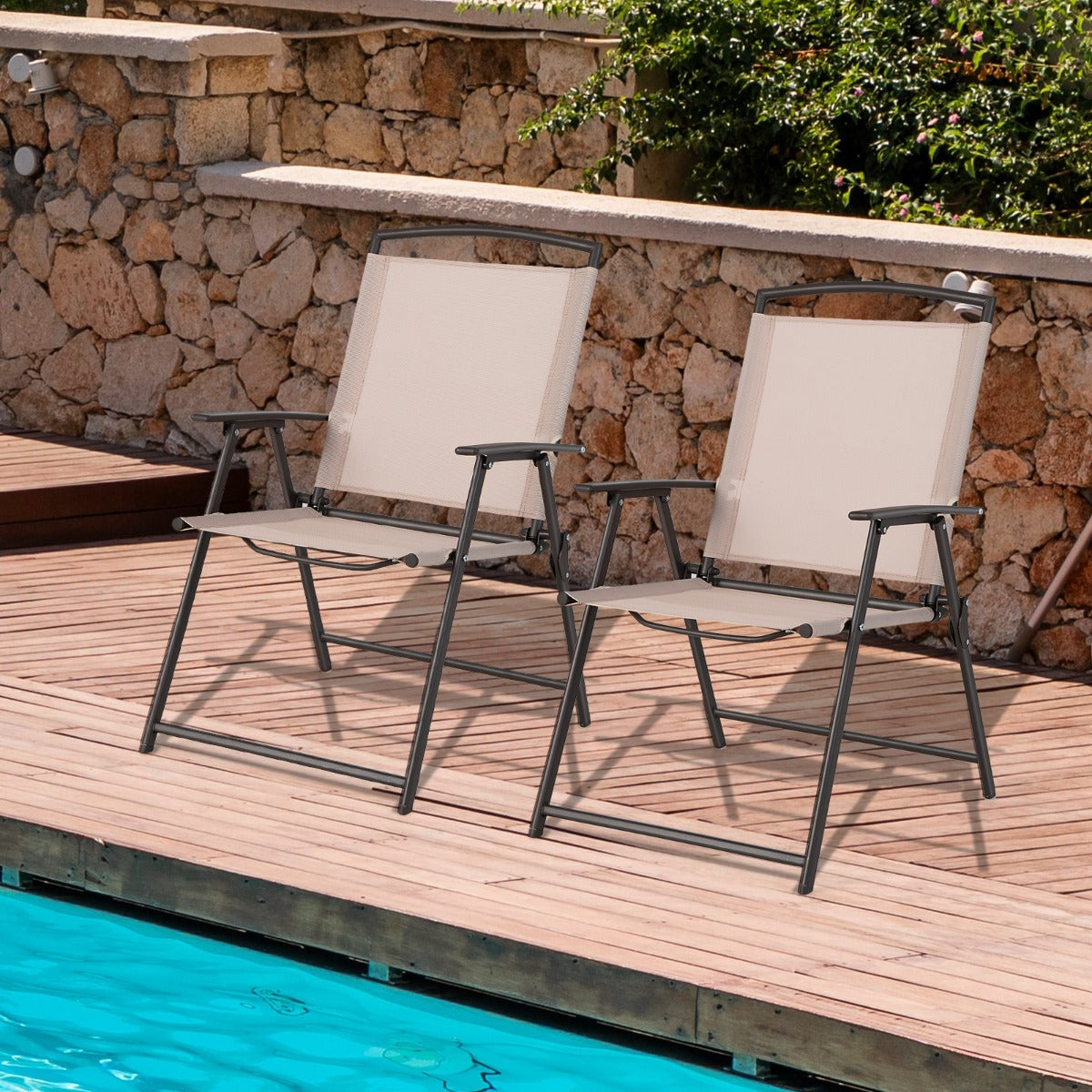 Set of 2 Patio Folding Chairs with Armrests and Rustproof Steel Frame-Beige