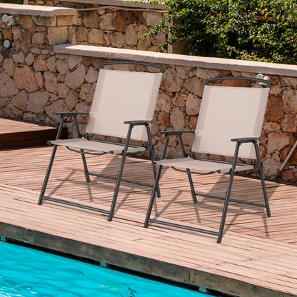 Set of 2 Patio Folding Chairs with Armrests and Rustproof Steel Frame-Beige