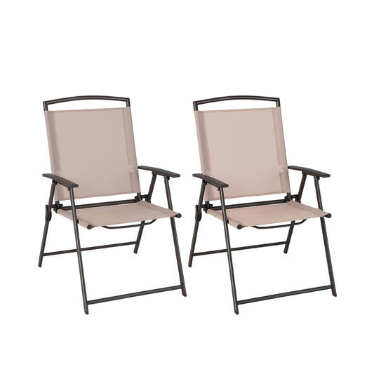 Set of 2 Patio Folding Chairs with Armrests and Rustproof Steel Frame-Beige