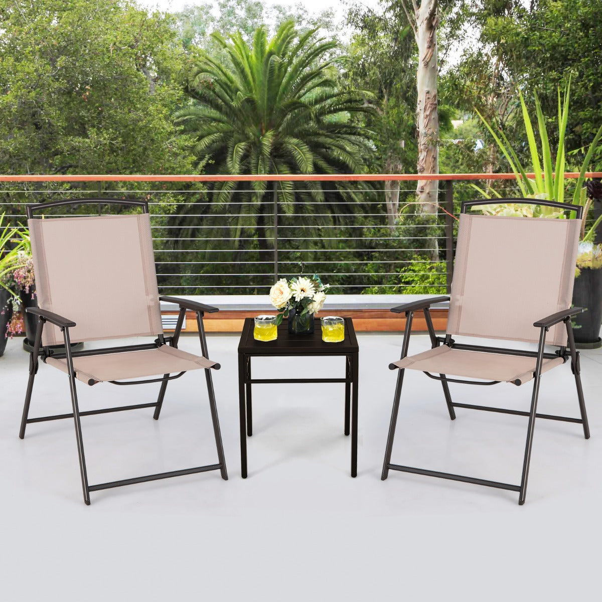 Set of 2 Patio Folding Chairs with Armrests and Rustproof Steel Frame-Beige