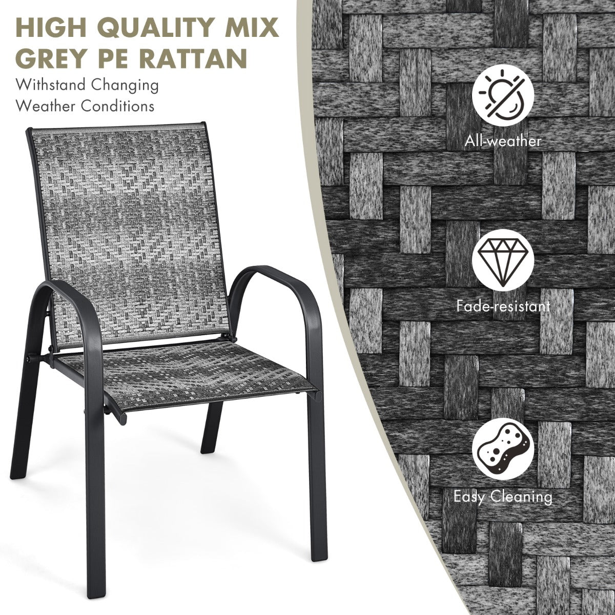 All-weather wicker chairs suit patios, gardens, backyards, poolside areas, and terraces