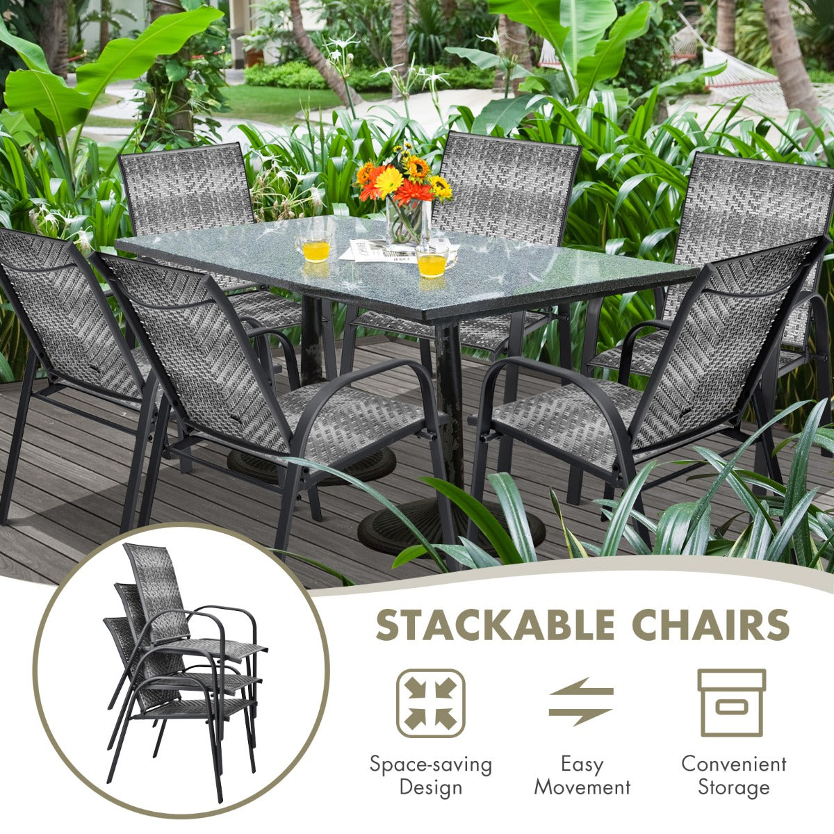 Sturdy rustproof steel frames provide stable support for patio and garden dining