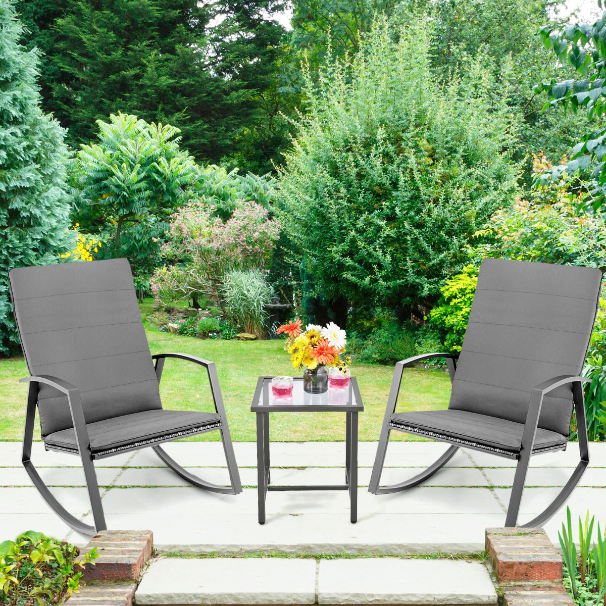 Removable gray cushions with straps and zippered covers offer comfortable, easy-care seating