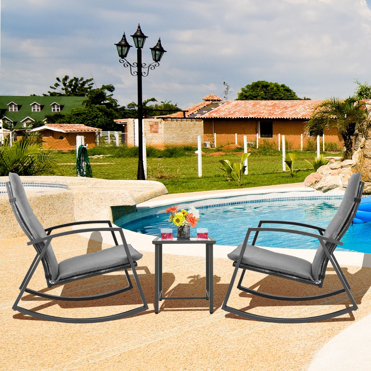 Rustproof steel rocking chairs support up to 150kg each for relaxing on patios and porches