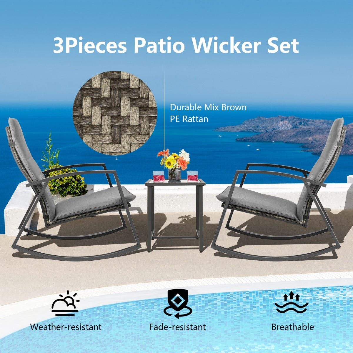 Outdoor rocking chairs feature smooth motion, non-slip strips, adjustable feet, and ergonomic armrests
