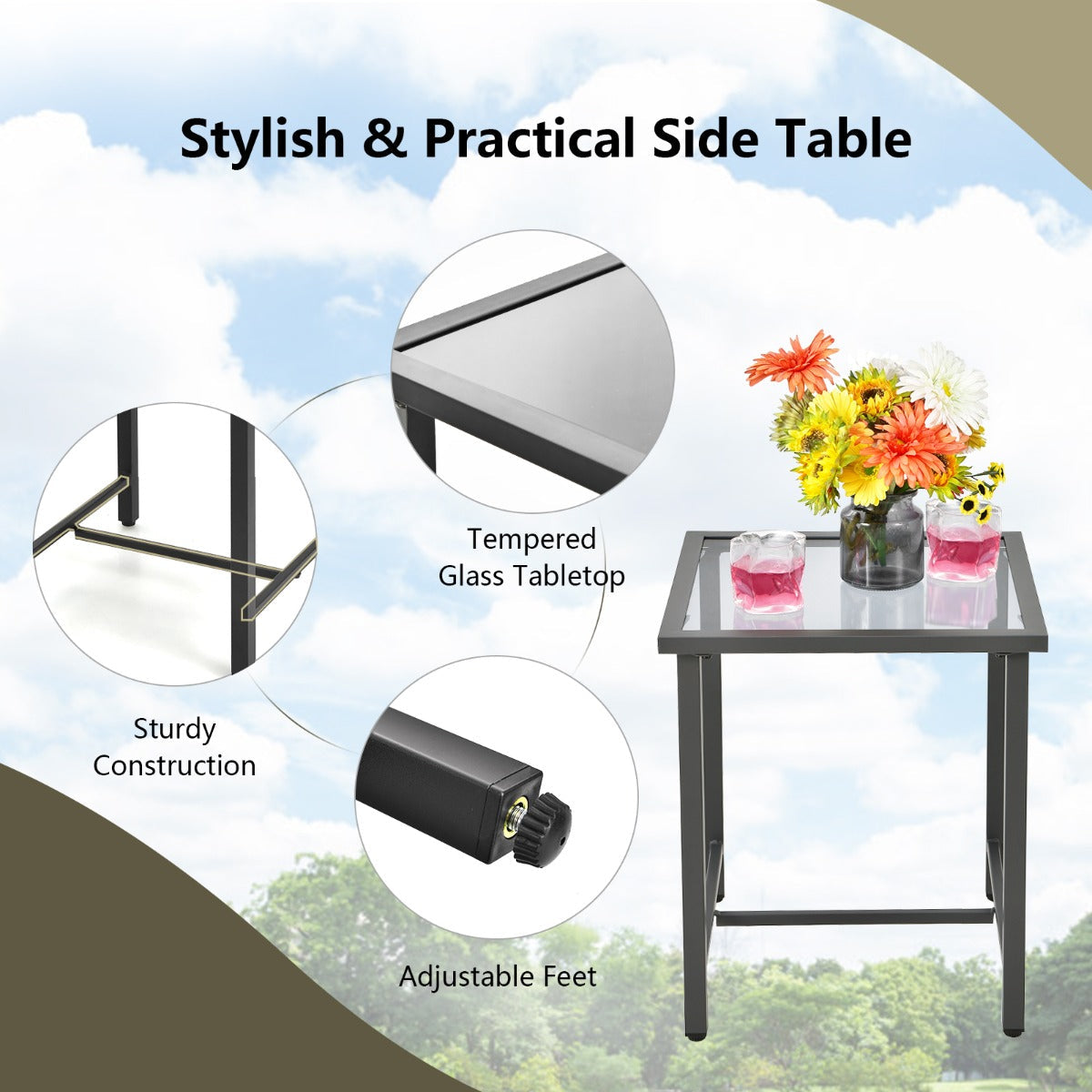 Three-piece patio set includes two rocking chairs, one side table, cushions, and assembly instructions