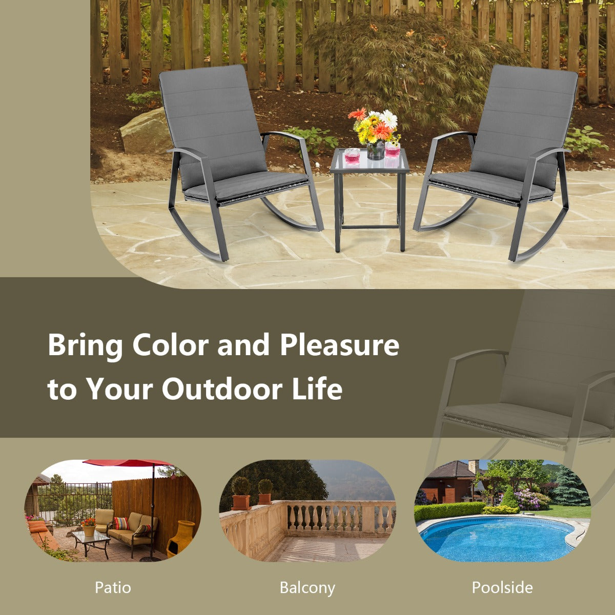 Easy-assembly outdoor rocking furniture brings comfortable seating and practical style to any space