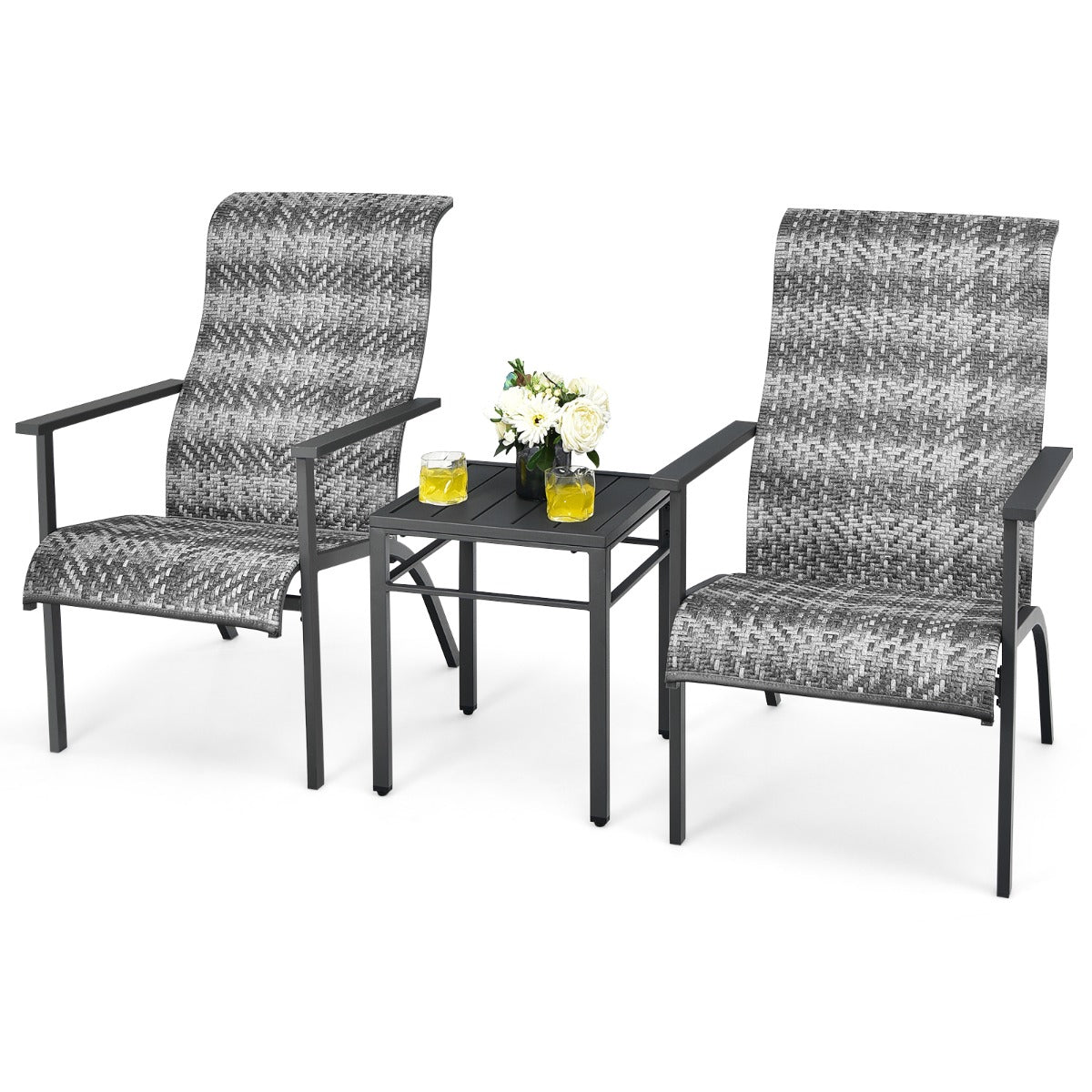 Weather-resistant PE rattan and powder-coated steel frames provide durable outdoor seating that resists rust and fading