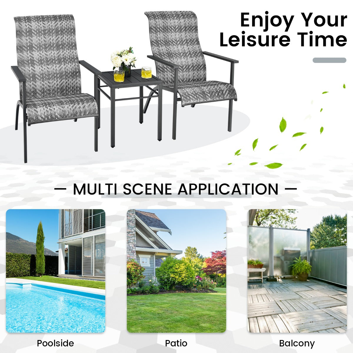 Portable outdoor furniture set creates an inviting seating area for morning coffee, drinks, conversations, and breaks