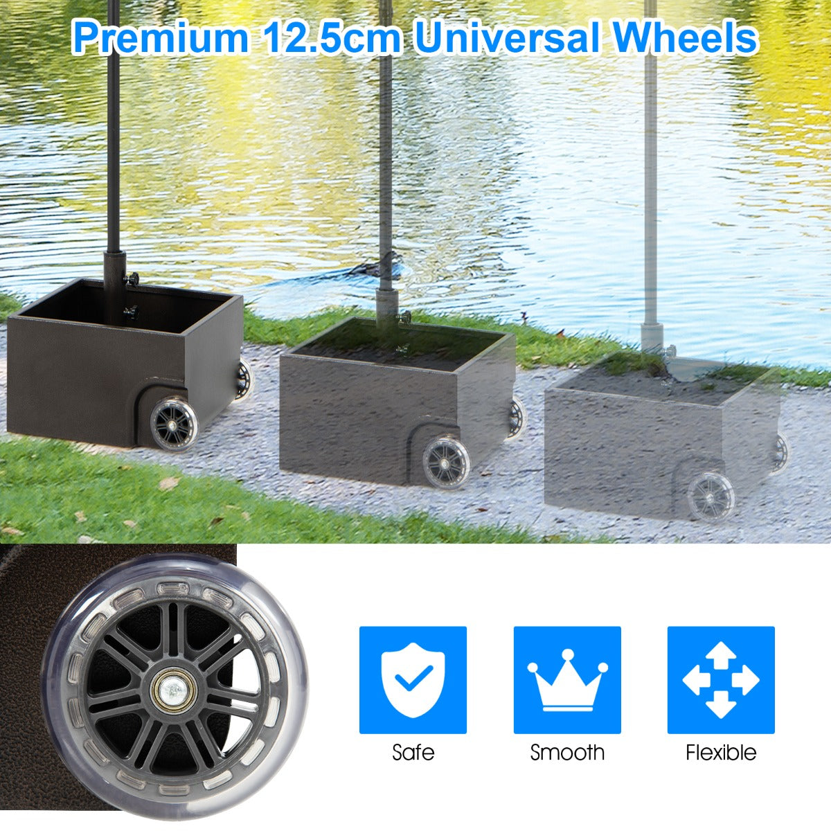 Mobile market umbrella base suits patios, poolside areas, terraces, backyards and commercial spaces