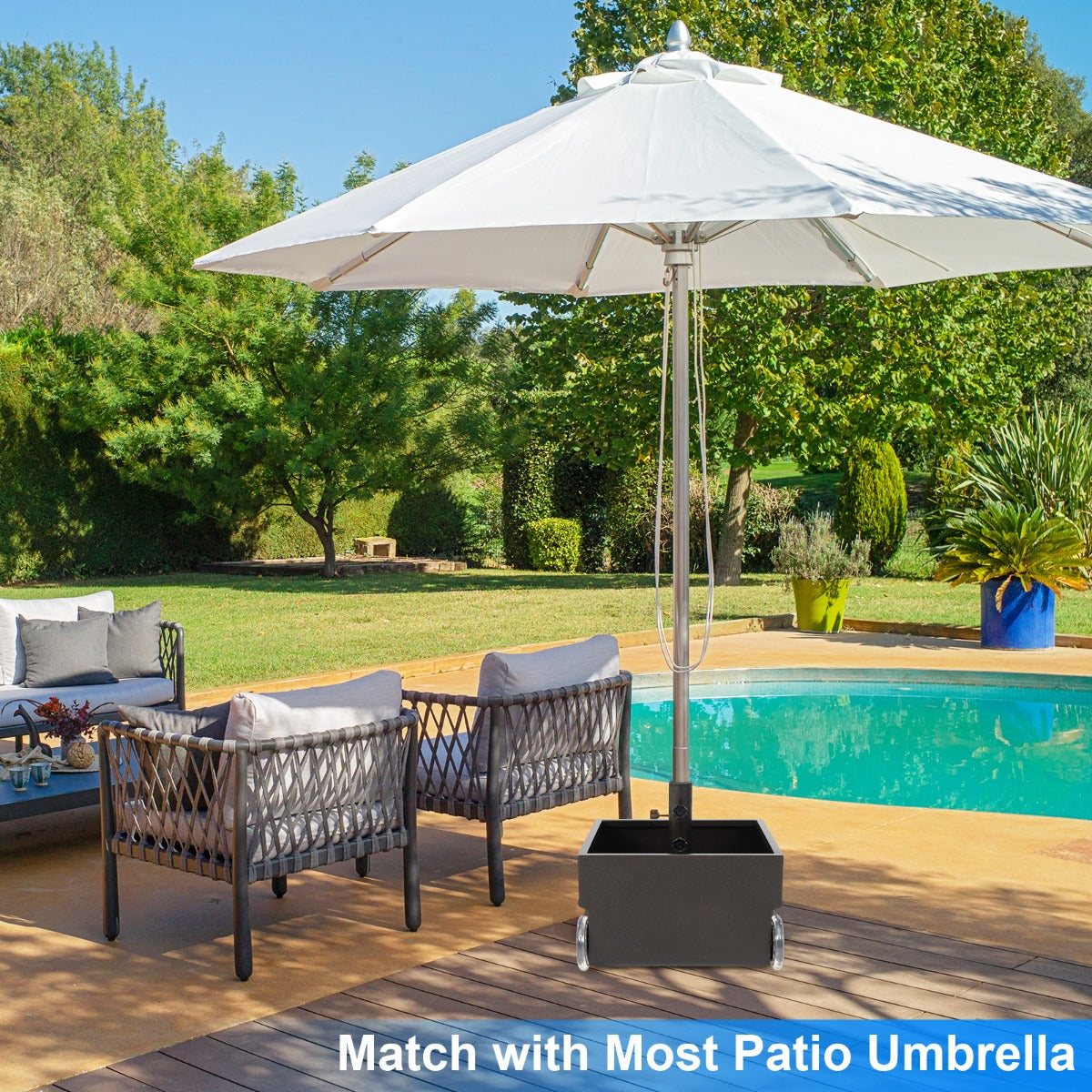 Four bolted screws securely fix the umbrella pole and help prevent wobbling or tipping