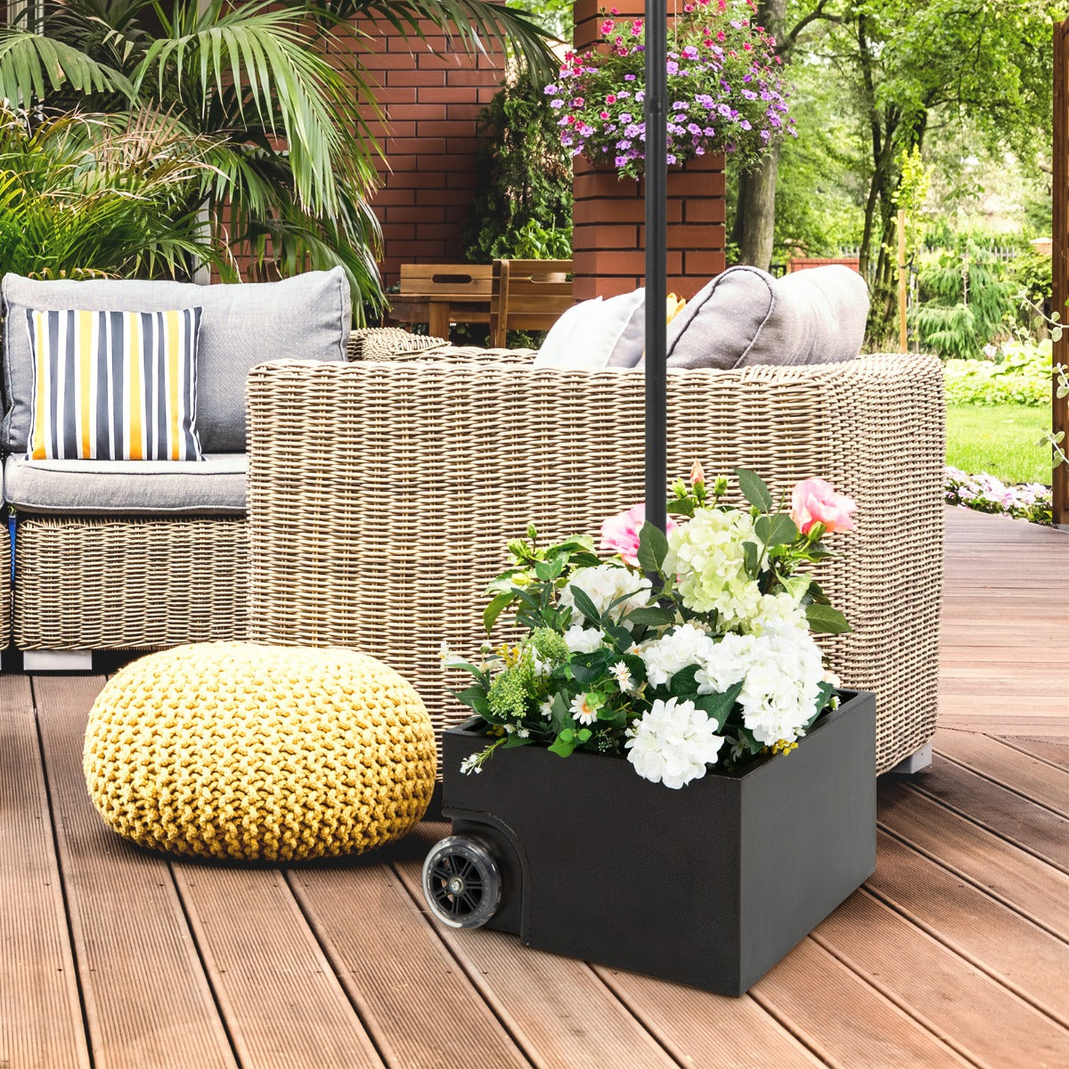 Multifunctional umbrella base converts into a rolling planter box for flowers, herbs and decorative plants