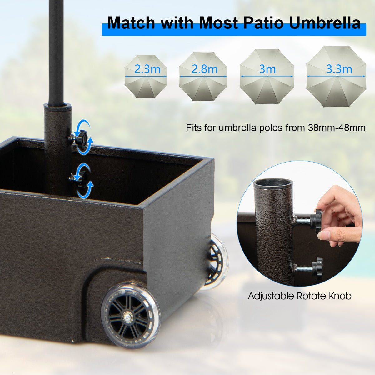 Fillable umbrella stand holds up to 68 kg of sand for improved stability in windy conditions
