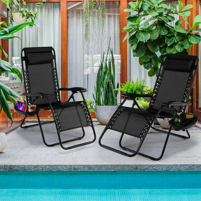 Patio Zero Gravity Lounge Chair with Cup Holder &amp;amp; Removable Pillow-Black-2 pieces