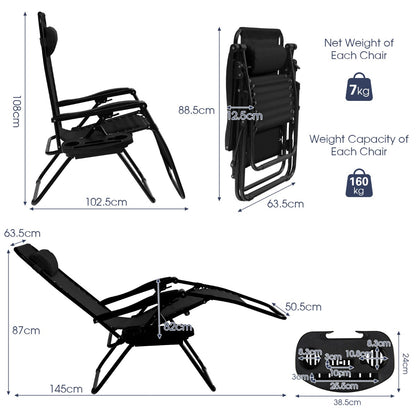 Patio Zero Gravity Lounge Chair with Cup Holder &amp;amp; Removable Pillow-Black-2 pieces