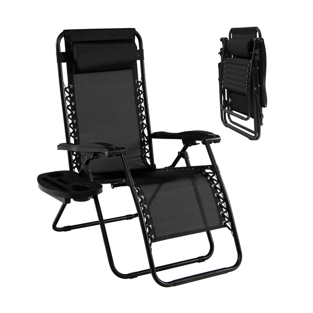 Patio Zero Gravity Lounge Chair with Cup Holder &amp;amp; Removable Pillow-Black-2 pieces