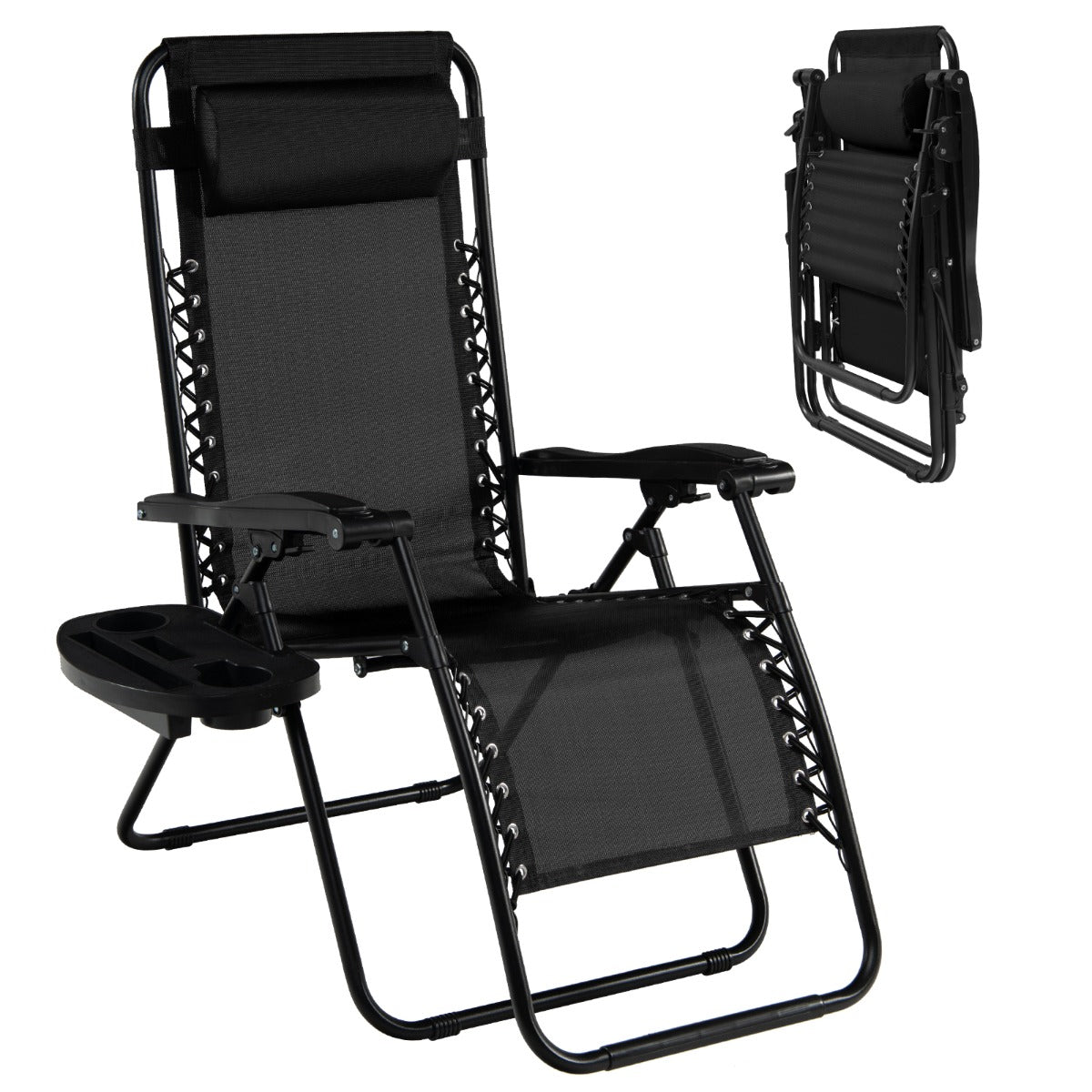 Patio Zero Gravity Lounge Chair with Cup Holder &amp;amp; Removable Pillow-Black-2 pieces