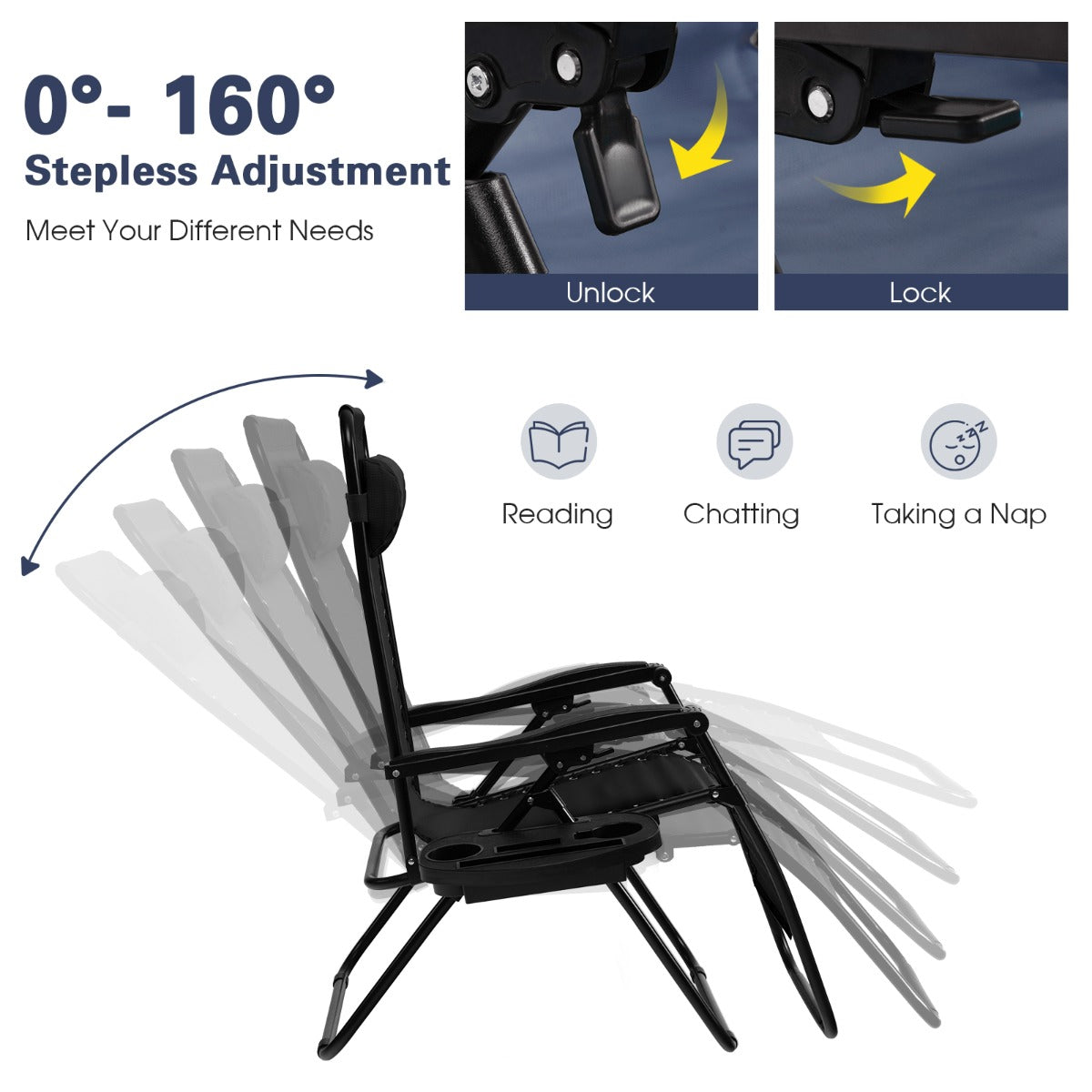 Patio Zero Gravity Lounge Chair with Cup Holder &amp;amp; Removable Pillow-Black-2 pieces