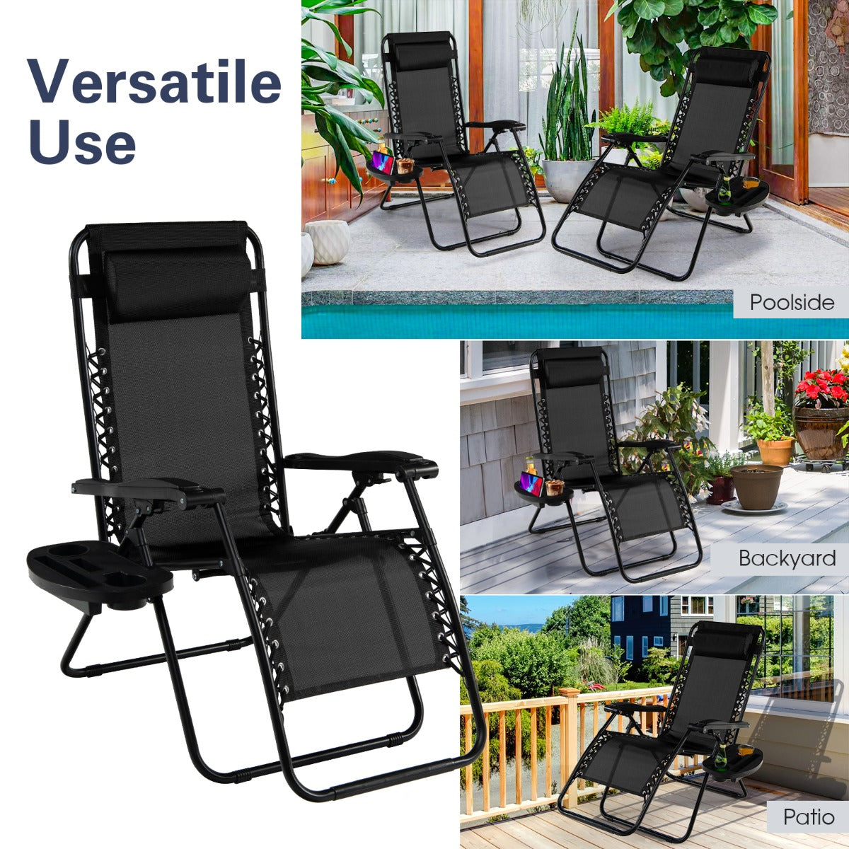Patio Zero Gravity Lounge Chair with Cup Holder &amp;amp; Removable Pillow-Black-2 pieces
