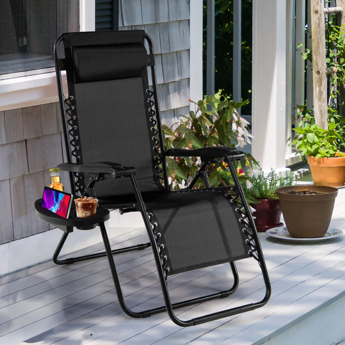 Patio Zero Gravity Lounge Chair with Cup Holder &amp;amp; Removable Pillow-Black-2 pieces