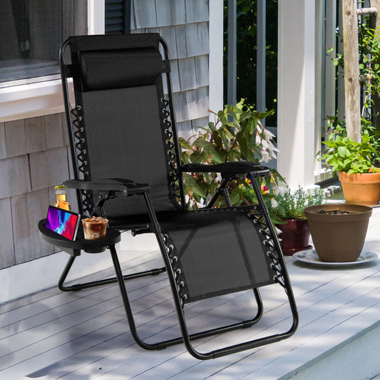 Patio Zero Gravity Lounge Chair with Cup Holder &amp;amp; Removable Pillow-Black-2 pieces
