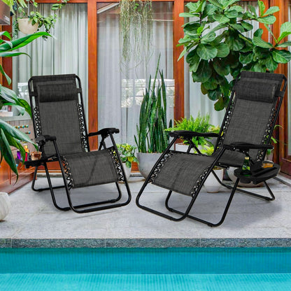 Patio Zero Gravity Lounge Chair with Cup Holder &amp;amp; Removable Pillow-Grey-2 pieces