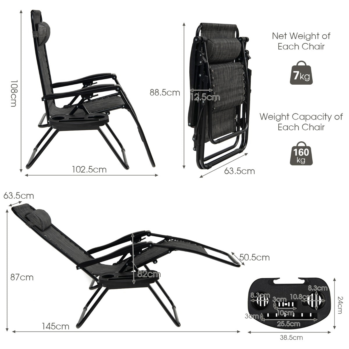 Patio Zero Gravity Lounge Chair with Cup Holder &amp;amp; Removable Pillow-Grey-2 pieces